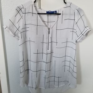White Geometric Blouse with Zipper, Size Small